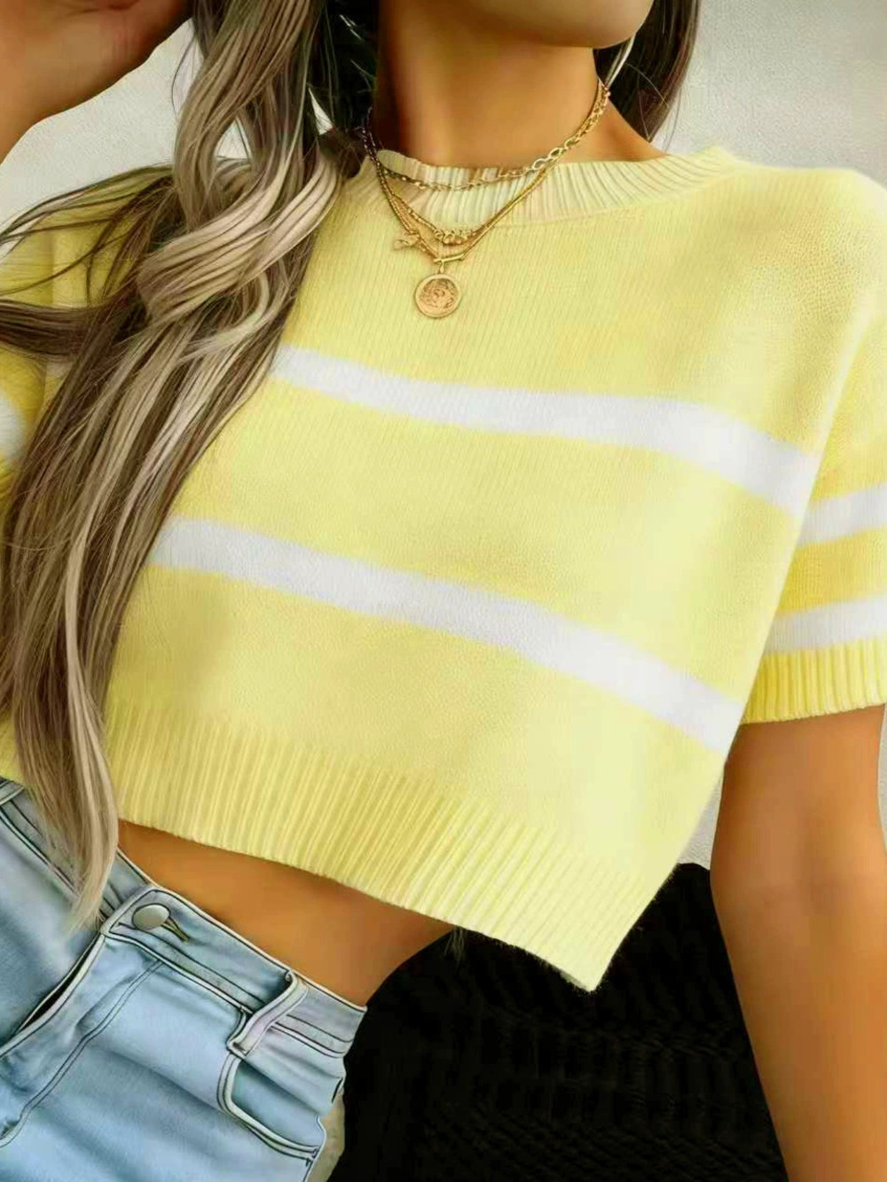 Zara Summer Stretch Short Sleeve Color Block Striped Knit Top Slim Casual